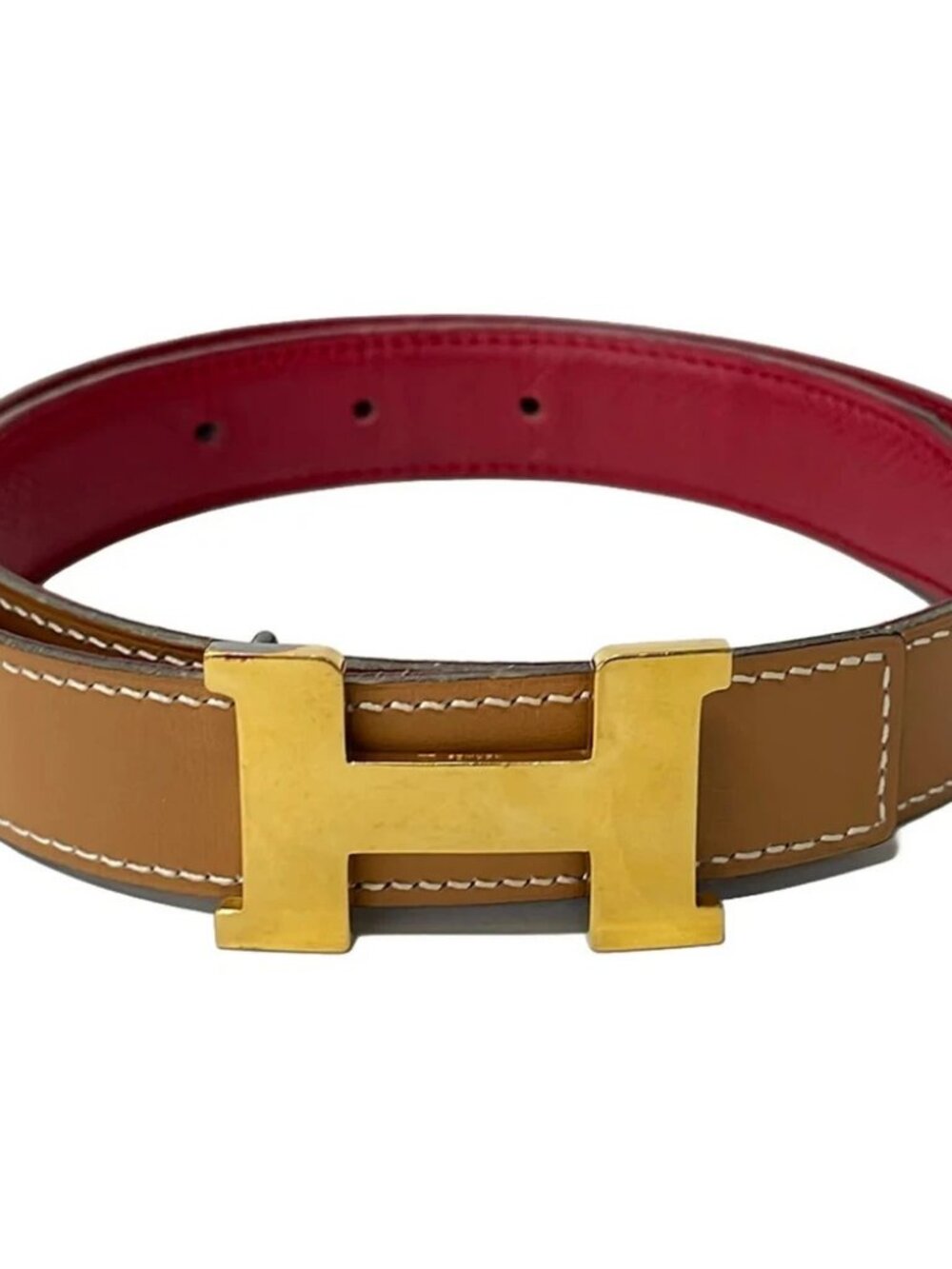 HERMES H Belt Gold rouge ash Leather Hardware Circle X Belt